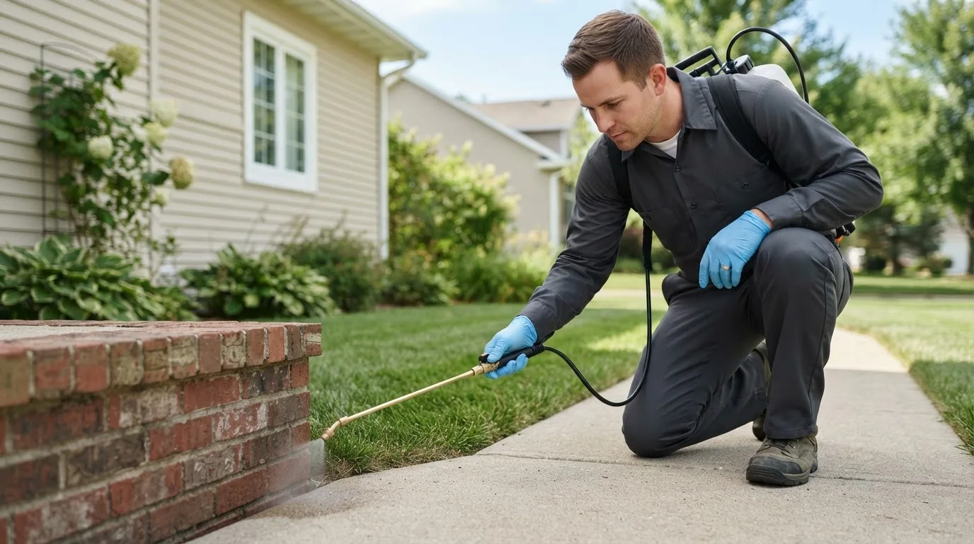 Pest control technician treating a home near Huntsville, OH