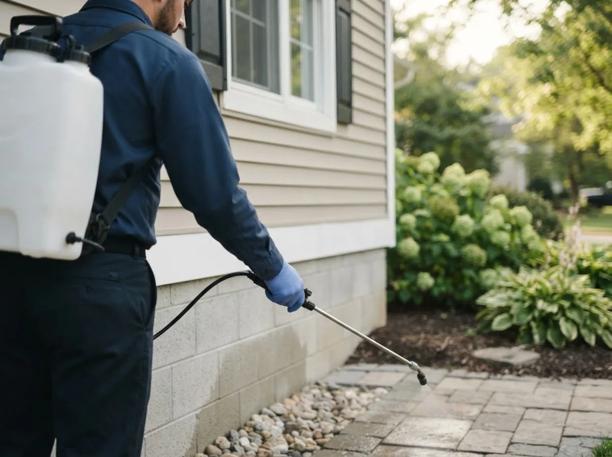 Pest control technician inspecting a home in Huntsville, OH